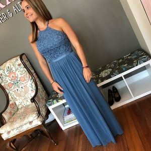 David’s bridal bridesmaid dress in Steele blue